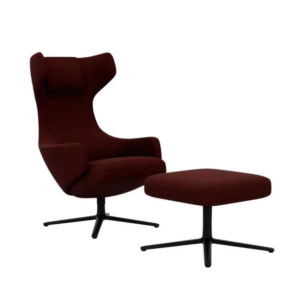 Vitra Grand Repos Fauteuil & Ottoman - basic dark gepoedercoat - Cosy2 kruissteek 19 kastanje - Zithoogte 45 cm