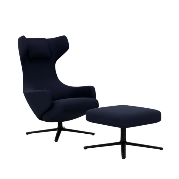 Vitra Grand Repos Fauteuil & Ottoman - basic dark gepoedercoat - Cosy2 kruissteek 21 donkerblauw - Zithoogte 40 cm