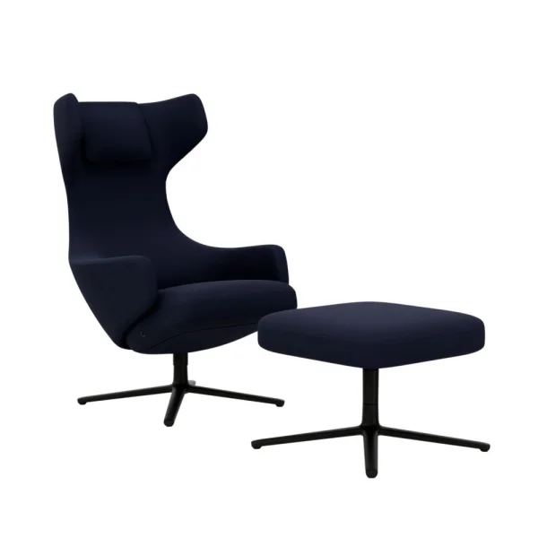 Vitra Grand Repos Fauteuil & Ottoman - basic dark gepoedercoat - Cosy2 kruissteek 21 donkerblauw - Zithoogte 45 cm