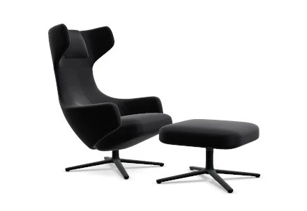 Vitra Grand Repos Fauteuil & Ottoman - basic dark gepoedercoat - Leder Premium F nero - Zithoogte 40 cm