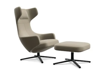 Vitra Grand Repos Fauteuil & Ottoman - basic dark gepoedercoat - Leder Premium F sand  - Zithoogte 40 cm