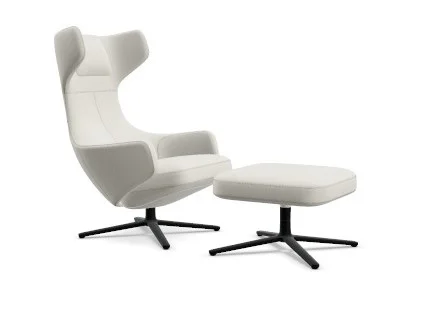 Vitra Grand Repos Fauteuil & Ottoman - basic dark gepoedercoat - Leder Premium F snow - Zithoogte 40 cm