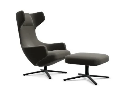 Vitra Grand Repos Fauteuil & Ottoman - basic dark gepoedercoat - Leder Premium F umbra - Zithoogte 40 cm