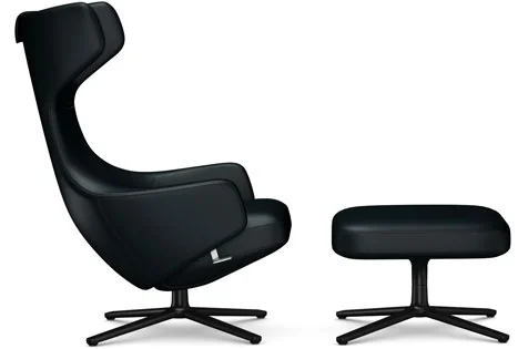 Vitra Grand Repos Fauteuil & Ottoman - basic dark gepoedercoat - Lederen contrastnaad 66 nero - Zithoogte 40 cm