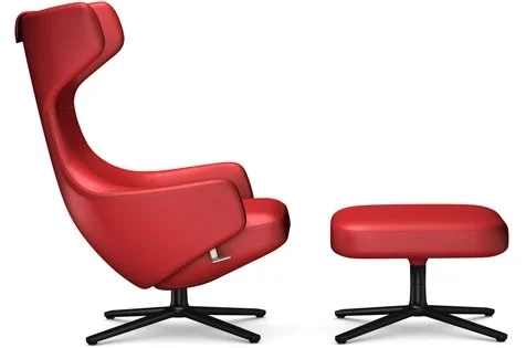 Vitra Grand Repos Fauteuil & Ottoman - basic dark gepoedercoat - Lederen contrastnaad 70 rood - Zithoogte 40 cm