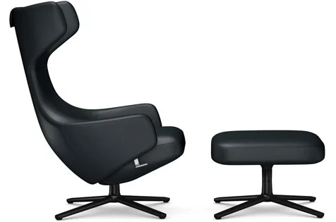 Vitra Grand Repos Fauteuil & Ottoman - basic dark gepoedercoat - Lederen contrastnaden 67 asfalt - Zithoogte 40 cm