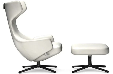 Vitra Grand Repos Fauteuil & Ottoman - basic dark gepoedercoat - Lederen contrastnaden 72 sneeuw - Zithoogte 40 cm