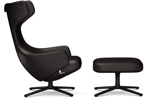 Vitra Grand Repos Fauteuil & Ottoman - basic dark gepoedercoat - Lederen contraststeek 68 chocolade - Zithoogte 40 cm