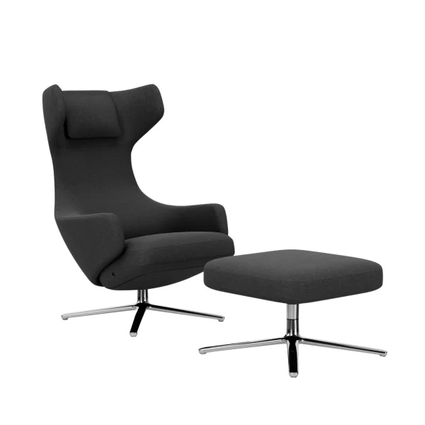 Vitra Grand Repos Fauteuil & Ottoman - gepolijst aluminium - Cosy2 Kreuzstichnaht classic grey - Zithoogte 40 cm