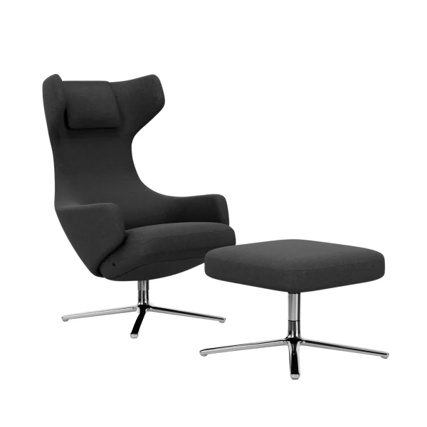 Vitra Grand Repos Fauteuil & Ottoman - gepolijst aluminium - Cosy2 Kreuzstichnaht classic grey - Zithoogte 45 cm