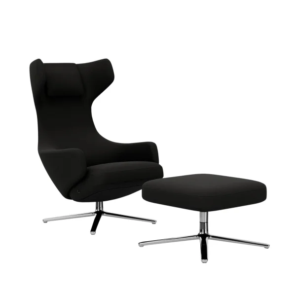 Vitra Grand Repos Fauteuil & Ottoman - gepolijst aluminium - Cosy2 Kreuzstichnaht merino black - Zithoogte 40 cm