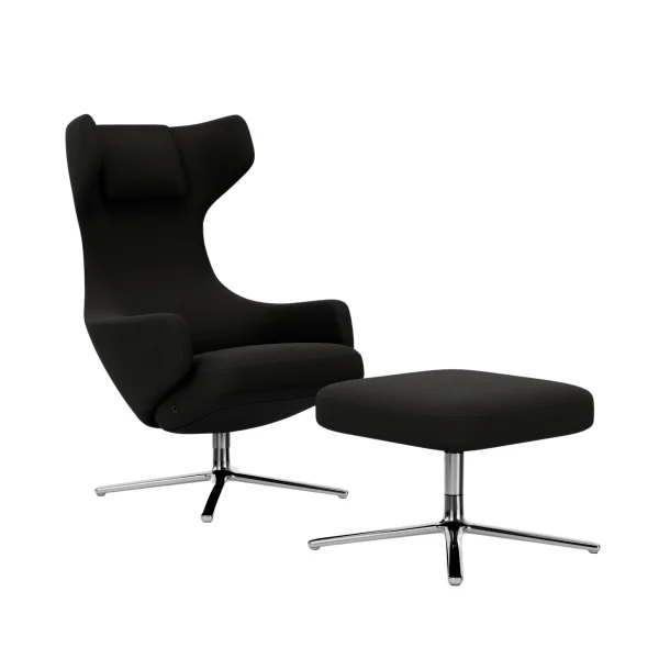 Vitra Grand Repos Fauteuil & Ottoman - gepolijst aluminium - Cosy2 Kreuzstichnaht merino black - Zithoogte 45 cm