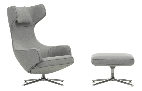 Vitra Grand Repos Fauteuil & Ottoman - gepolijst aluminium - Cosy2 kruissteek 01 kiezelgrijs - Zithoogte 40 cm