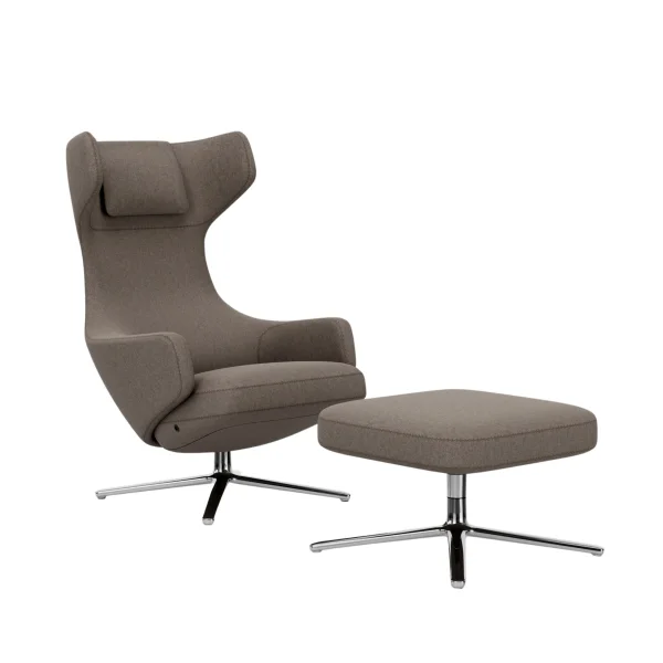 Vitra Grand Repos Fauteuil & Ottoman - gepolijst aluminium - Cosy2 kruissteek 02 fossiel - Zithoogte 40 cm