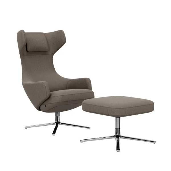 Vitra Grand Repos Fauteuil & Ottoman - gepolijst aluminium - Cosy2 kruissteek 02 fossiel - Zithoogte 45 cm