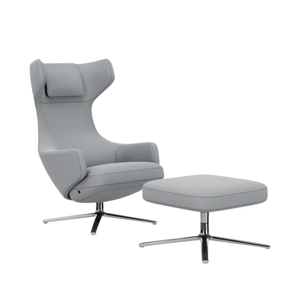 Vitra Grand Repos Fauteuil & Ottoman - gepolijst aluminium - Cosy2 kruissteek 12 lichtblauw - Zithoogte 40 cm