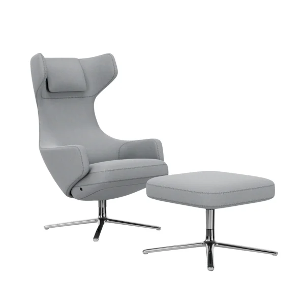 Vitra Grand Repos Fauteuil & Ottoman - gepolijst aluminium - Cosy2 kruissteek 12 lichtblauw - Zithoogte 45 cm