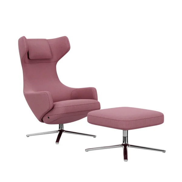 Vitra Grand Repos Fauteuil & Ottoman - gepolijst aluminium - Cosy2 kruissteek 16 lichtroze - Zithoogte 40 cm