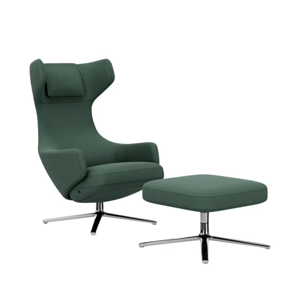 Vitra Grand Repos Fauteuil & Ottoman - gepolijst aluminium - Cosy2 kruissteek 17 riet groen - Zithoogte 40 cm