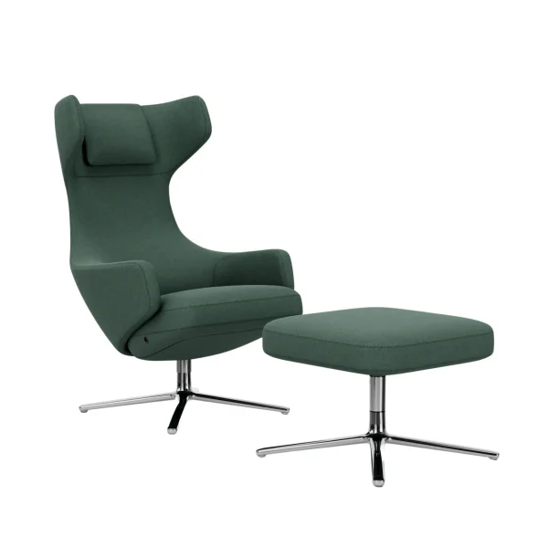 Vitra Grand Repos Fauteuil & Ottoman - gepolijst aluminium - Cosy2 kruissteek 17 riet groen - Zithoogte 45 cm