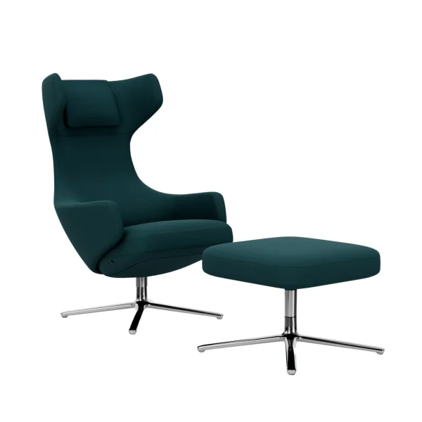 Vitra Grand Repos Fauteuil & Ottoman - gepolijst aluminium - Cosy2 kruissteek 18 benzine - Zithoogte 45 cm