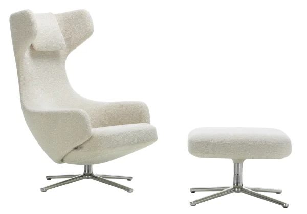 Vitra Grand Repos Fauteuil & Ottoman - gepolijst aluminium - ivoor/ parel - Zithoogte 40 cm