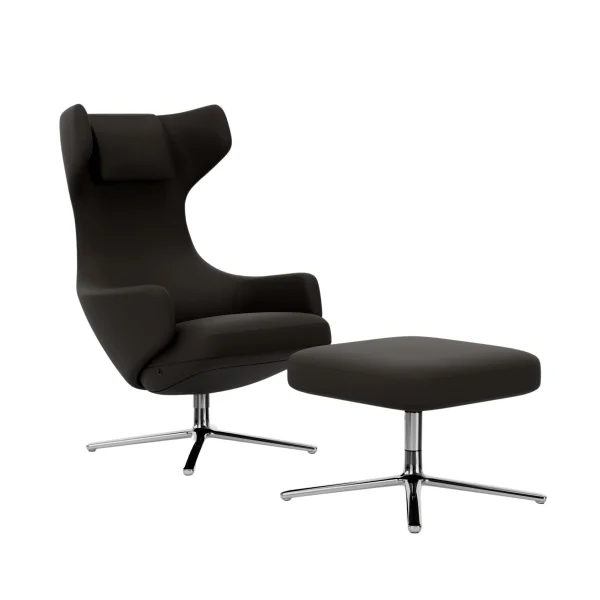 Vitra Grand Repos Fauteuil & Ottoman - gepolijst aluminium - Leder Premium F chocolate - Zithoogte 45 cm