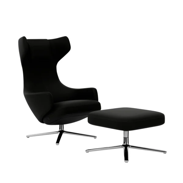 Vitra Grand Repos Fauteuil & Ottoman - gepolijst aluminium - Leder Premium F nero - Zithoogte 40 cm