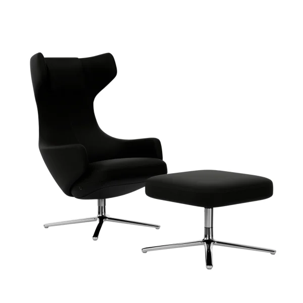 Vitra Grand Repos Fauteuil & Ottoman - gepolijst aluminium - Leder Premium F nero - Zithoogte 45 cm