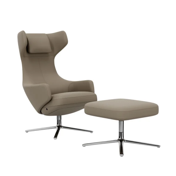 Vitra Grand Repos Fauteuil & Ottoman - gepolijst aluminium - Leder Premium F sand  - Zithoogte 45 cm