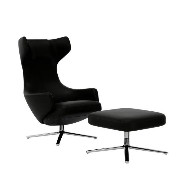 Vitra Grand Repos Fauteuil & Ottoman - gepolijst aluminium - Lederen contrastnaad 66 nero - Zithoogte 40 cm