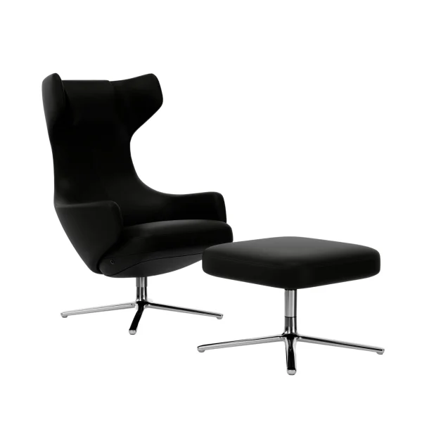 Vitra Grand Repos Fauteuil & Ottoman - gepolijst aluminium - Lederen contrastnaad 66 nero - Zithoogte 45 cm