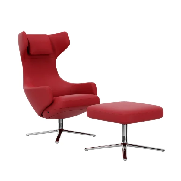 Vitra Grand Repos Fauteuil & Ottoman - gepolijst aluminium - Lederen contrastnaad 70 rood - Zithoogte 45 cm