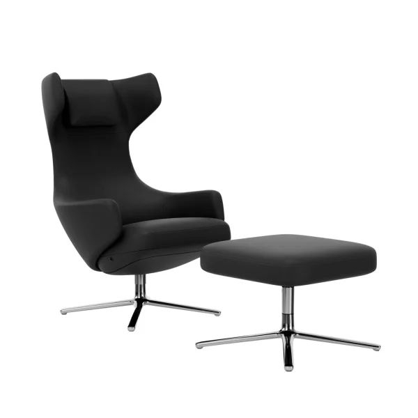 Vitra Grand Repos Fauteuil & Ottoman - gepolijst aluminium - Lederen contrastnaden 67 asfalt - Zithoogte 45 cm