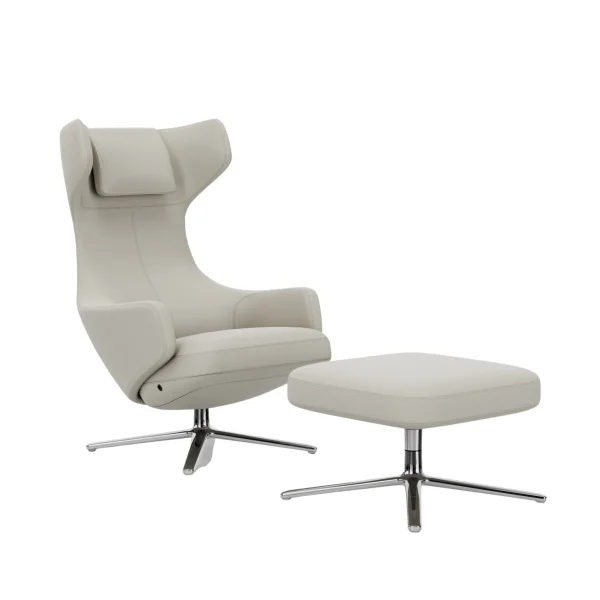 Vitra Grand Repos Fauteuil & Ottoman - gepolijst aluminium - Lederen contrastnaden 72 sneeuw - Zithoogte 40 cm