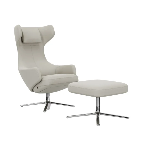 Vitra Grand Repos Fauteuil & Ottoman - gepolijst aluminium - Lederen contrastnaden 72 sneeuw - Zithoogte 45 cm