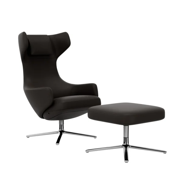 Vitra Grand Repos Fauteuil & Ottoman - gepolijst aluminium - Lederen contraststeek 68 chocolade - Zithoogte 45 cm