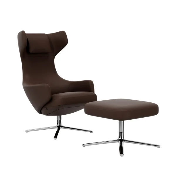 Vitra Grand Repos Fauteuil & Ottoman - gepolijst aluminium - Leren contraststeek 69 kastanje - Zithoogte 45 cm