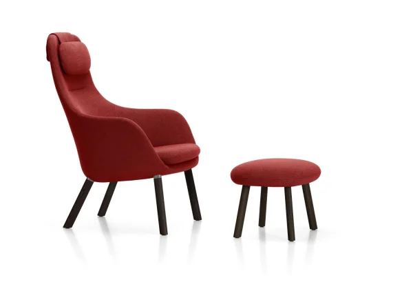 Vitra HAL Lounge Chair & Ottoman - eiken donker - Credo red chilli - Glijders voor harde vloer - met los zitkussen