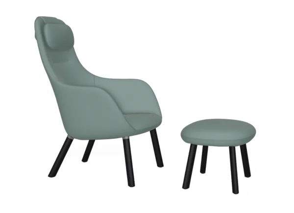 Vitra HAL Lounge Chair & Ottoman - eiken donker - Dumet salie/staalblauw - Glijders voor harde vloer - met ingebouwd zitkussen