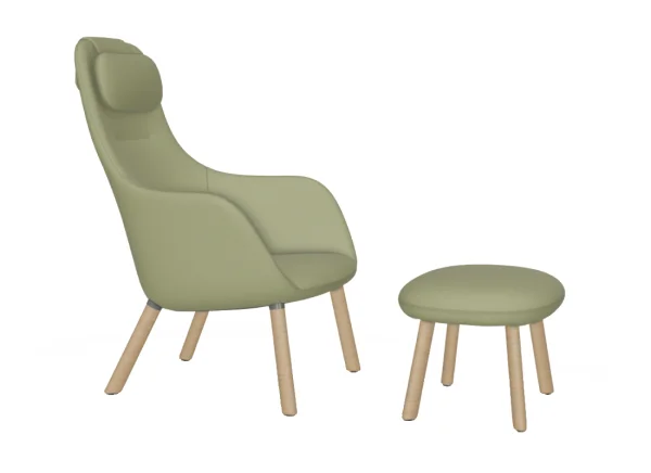 Vitra HAL Lounge Chair & Ottoman - eiken natuur - Dumet lichtblauw/chartreuse - Glijders voor harde vloer - met ingebouwd zitkussen