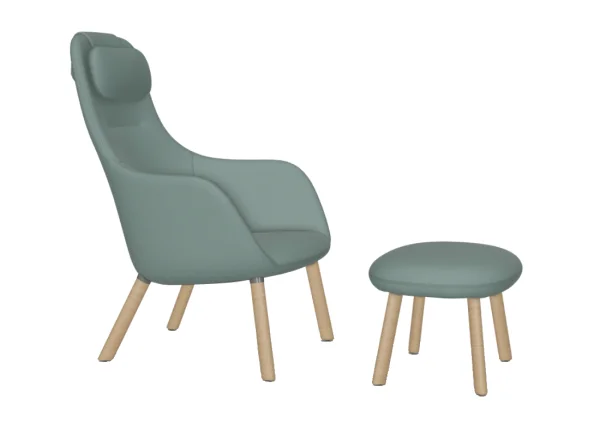 Vitra HAL Lounge Chair & Ottoman - eiken natuur - Dumet salie/staalblauw - Glijders voor harde vloer - met ingebouwd zitkussen