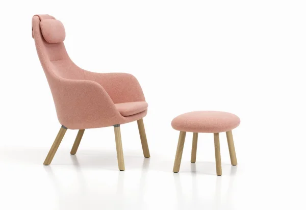 Vitra HAL Lounge Chair & Ottoman - eiken natuur - Dumet zwart/krijt - Glijders voor harde vloer - met los zitkussen