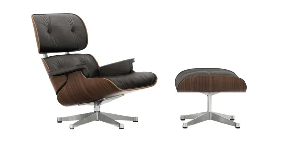 Vitra Lounge Chair & Ottoman - gepolijst - Leder Premium F bruin - Notenhout - zwart gepigmenteerd - klassieke afmetingen - 84 cm