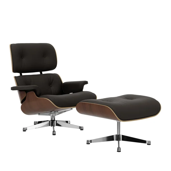 Vitra Lounge Chair & Ottoman - gepolijst - Leder Premium F bruin - Notenhout - zwart gepigmenteerd - nieuwe afmetingen - 89 cm