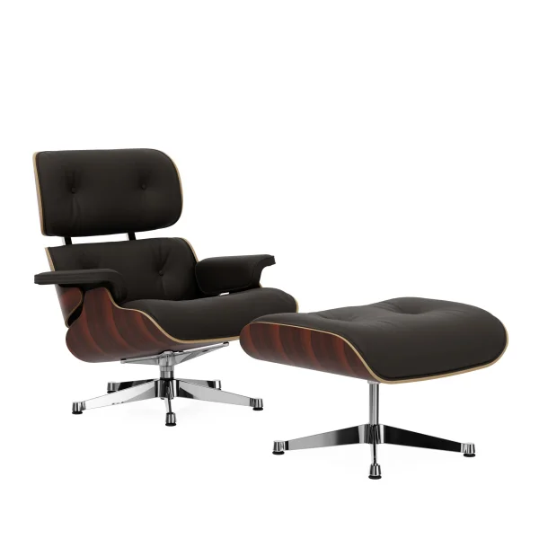 Vitra Lounge Chair & Ottoman - gepolijst - Leder Premium F bruin - Santos palisander - nieuwe afmetingen - 89 cm