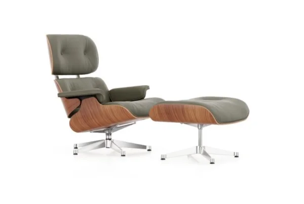 Vitra Lounge Chair & Ottoman - gepolijst - Leder Premium F kaki - Amerikaans kersenhout - nieuwe afmetingen - 89 cm