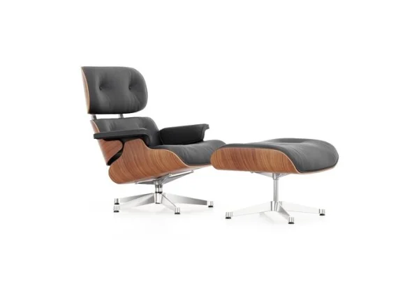 Vitra Lounge Chair & Ottoman - gepolijst - Leder Premium F nero - Amerikaans kersenhout - klassieke afmetingen - 84 cm