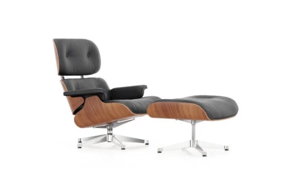 Vitra Lounge Chair & Ottoman - gepolijst - Leder Premium F nero - Amerikaans kersenhout - nieuwe afmetingen - 89 cm