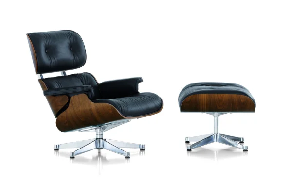 Vitra Lounge Chair & Ottoman - gepolijst - Leder Premium F nero - Notenhout - zwart gepigmenteerd - klassieke afmetingen - 84 cm